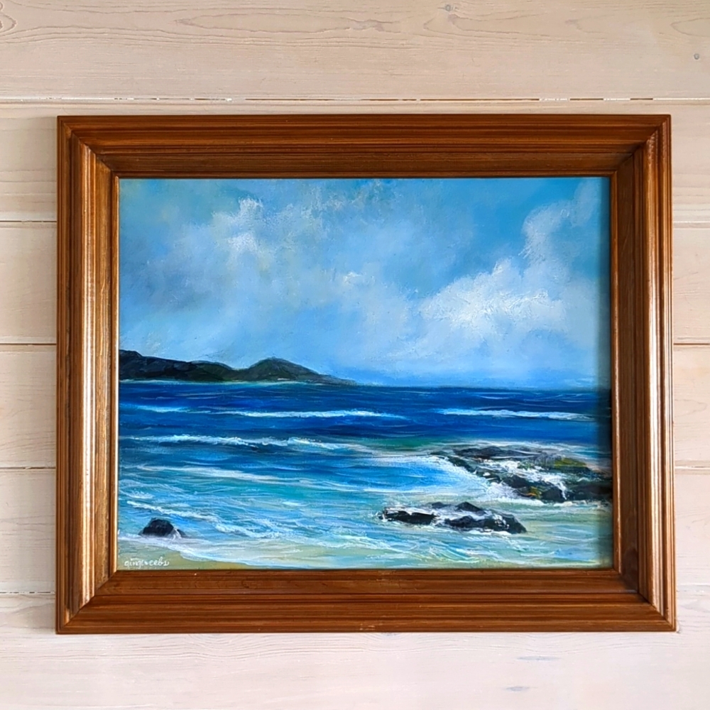 Original Acrylic New Hand Painted Island Blue Seascape Artist Signed Canvas